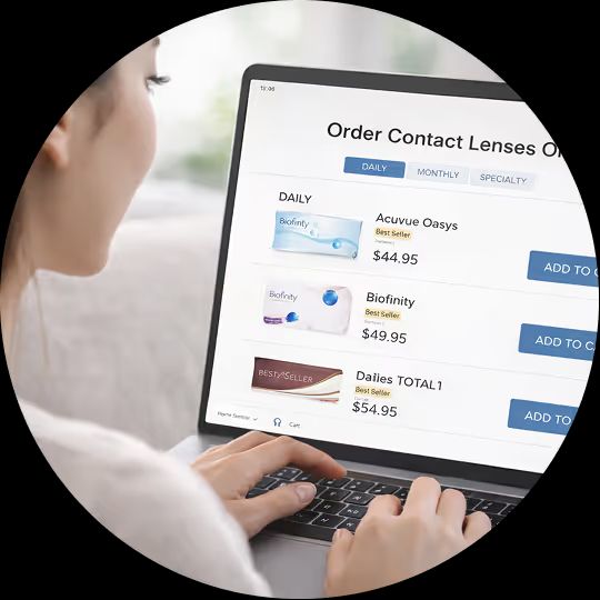 Hands on a laptop showing an online contact lens order page